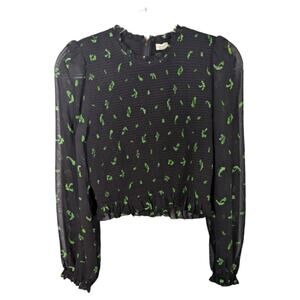 Aritzia Wilfred Lilith Blouse Cropped Smocked Zip Back Black Leaf Print Sheer L